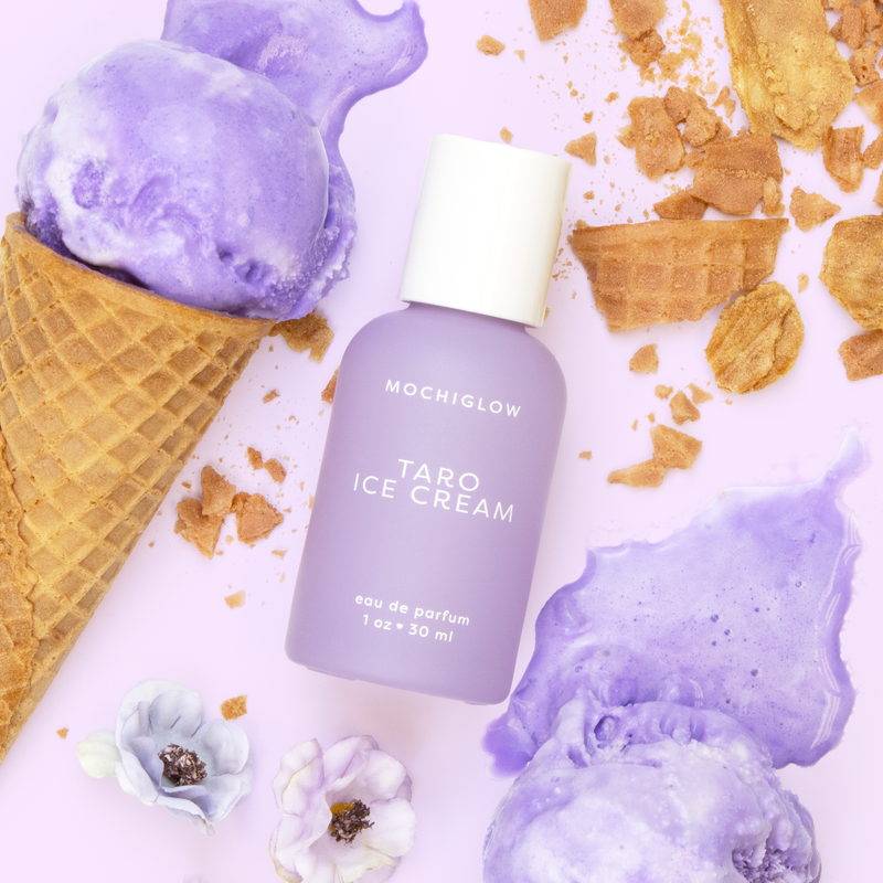 Taro Ice Cream perfume by Mochiglow. Scents inspired by Asian desserts. Smells like taro bubble tea with toasted coconut and oat milk. Bottled in a cute lavender glass perfume bottle.